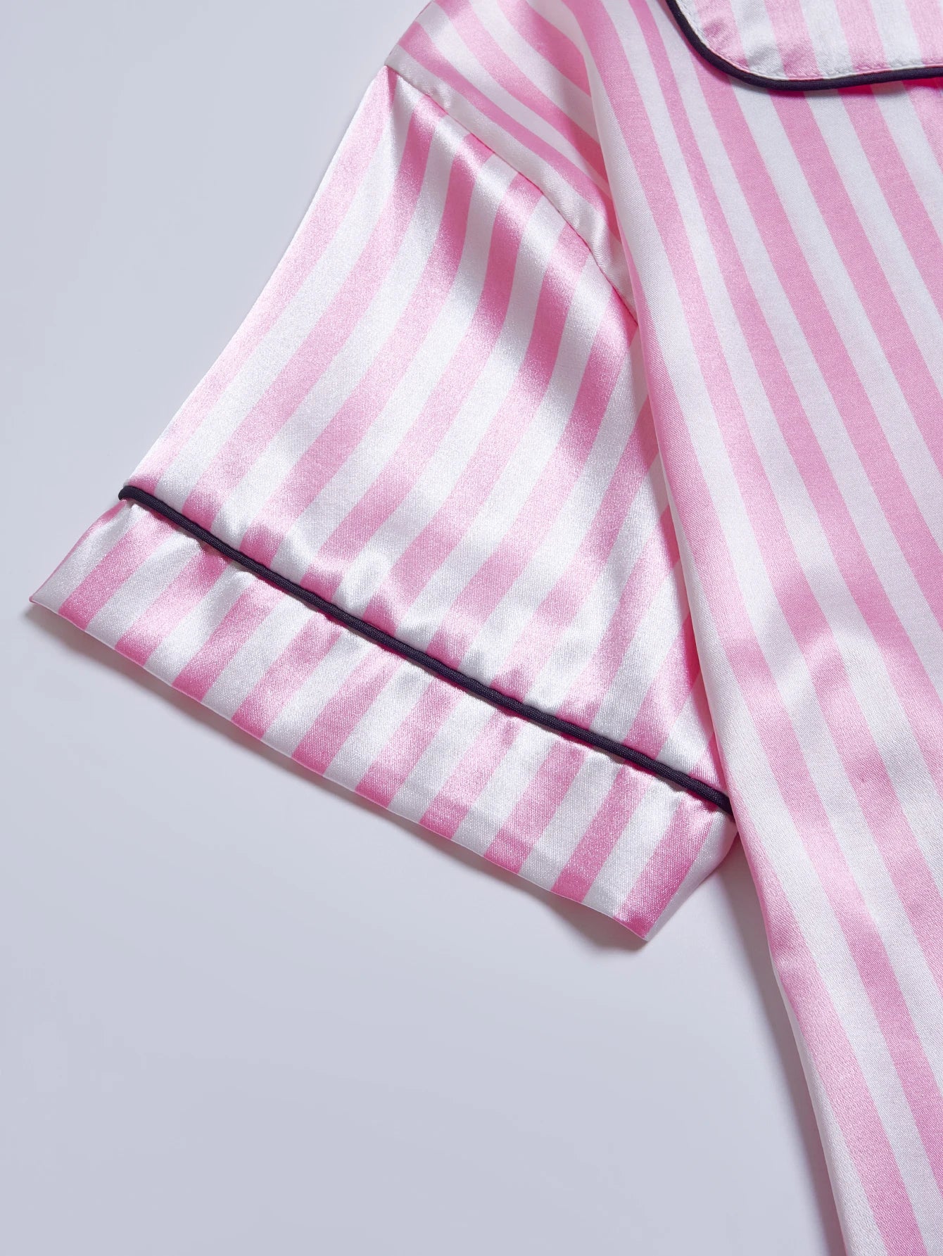 Striped Satin Pajama Set - Embroidered Pocket Sleepwear with Lapel Collar - ZOOMNSTORE