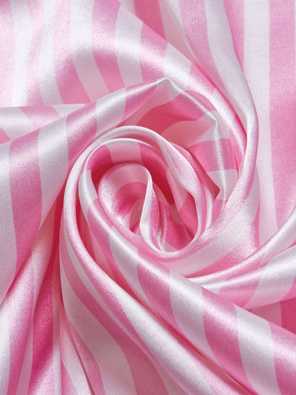 Striped Satin Pajama Set - Embroidered Pocket Sleepwear with Lapel Collar - ZOOMNSTORE