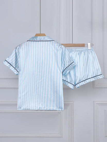 Striped Satin Pajama Set - Embroidered Pocket Sleepwear with Lapel Collar - ZOOMNSTORE