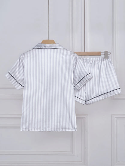 Striped Satin Pajama Set - Embroidered Pocket Sleepwear with Lapel Collar - ZOOMNSTORE