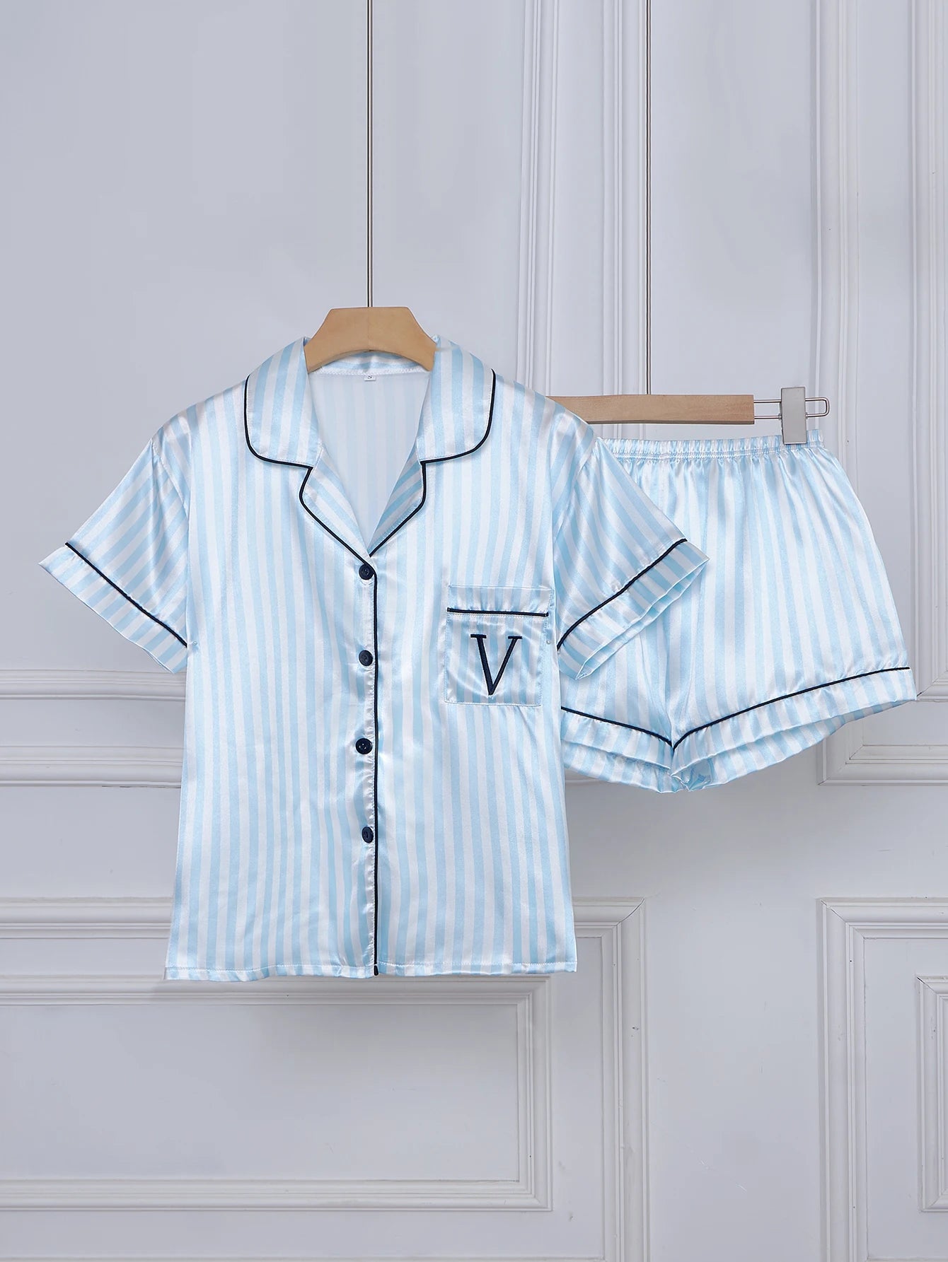 Striped Satin Pajama Set - Embroidered Pocket Sleepwear with Lapel Collar - ZOOMNSTORE