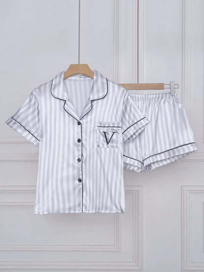 Striped Satin Pajama Set - Embroidered Pocket Sleepwear with Lapel Collar - ZOOMNSTORE