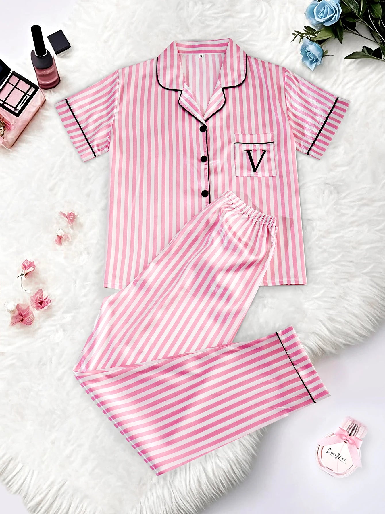 Classic Satin Pajama Set - Striped Short Sleeve with Pocket and Lapel Collar - ZOOMNSTORE
