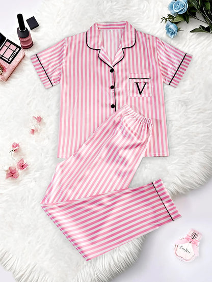 Classic Satin Pajama Set - Striped Short Sleeve with Pocket and Lapel Collar - ZOOMNSTORE