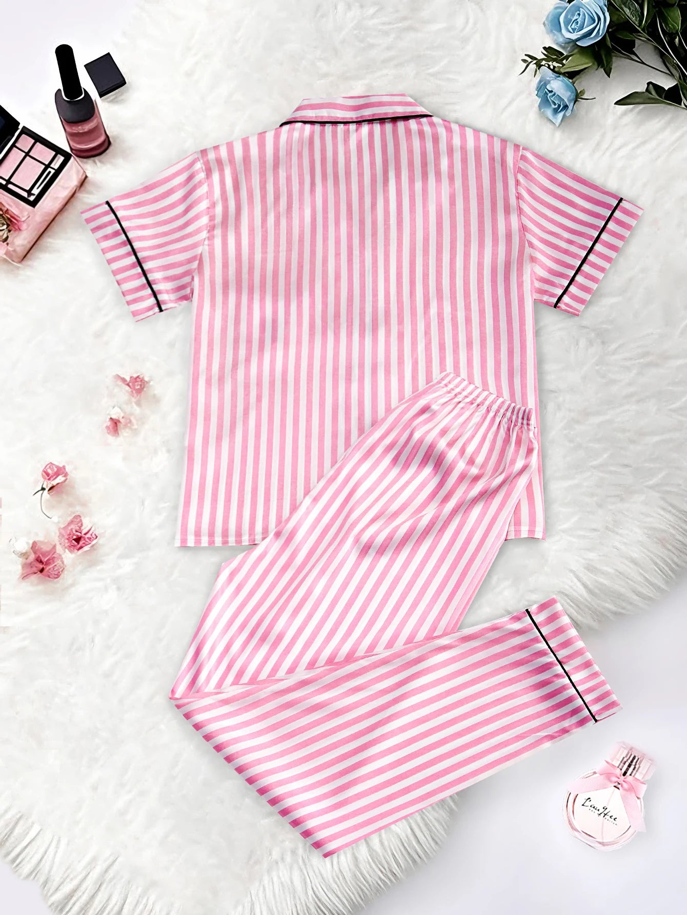Classic Satin Pajama Set - Striped Short Sleeve with Pocket and Lapel Collar - ZOOMNSTORE