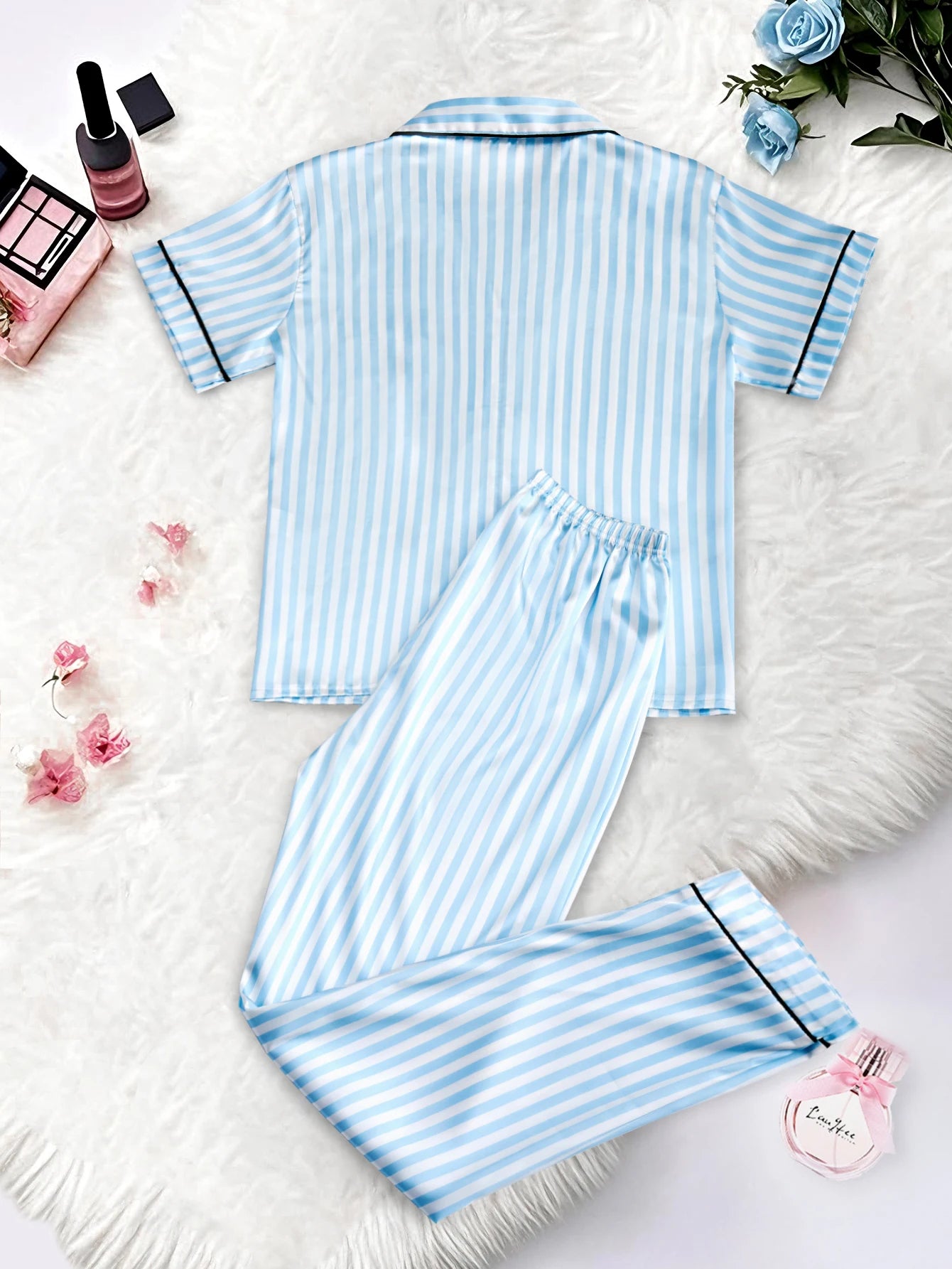 Classic Satin Pajama Set - Striped Short Sleeve with Pocket and Lapel Collar - ZOOMNSTORE