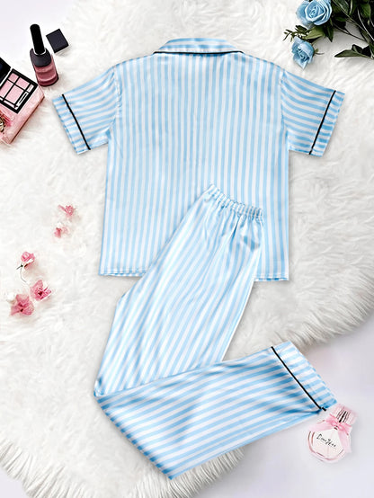 Classic Satin Pajama Set - Striped Short Sleeve with Pocket and Lapel Collar - ZOOMNSTORE