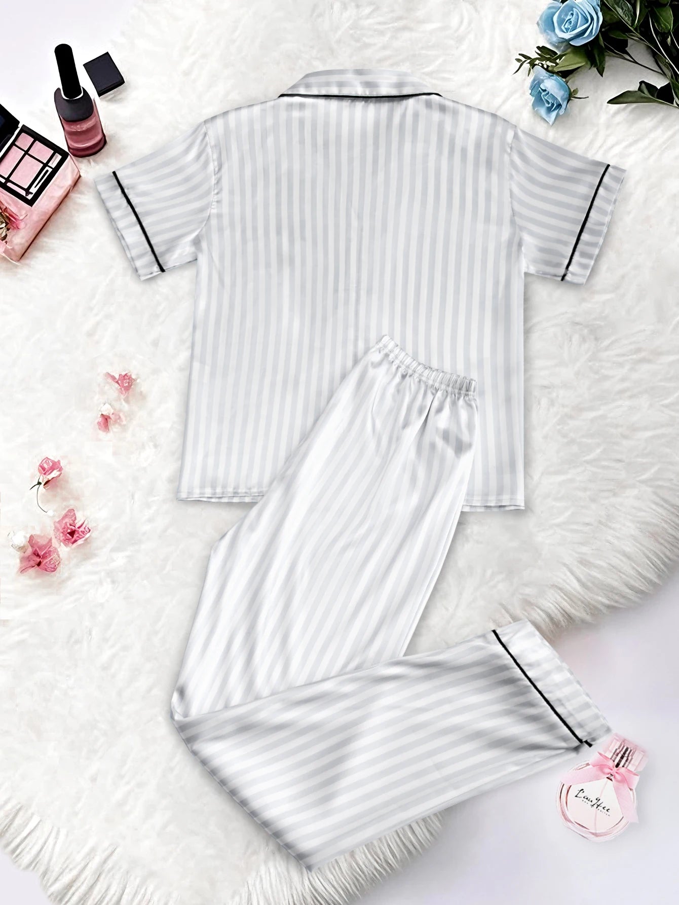 Classic Satin Pajama Set - Striped Short Sleeve with Pocket and Lapel Collar - ZOOMNSTORE