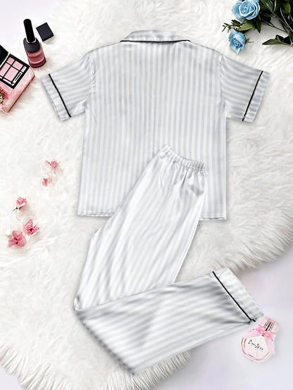 Classic Satin Pajama Set - Striped Short Sleeve with Pocket and Lapel Collar - ZOOMNSTORE