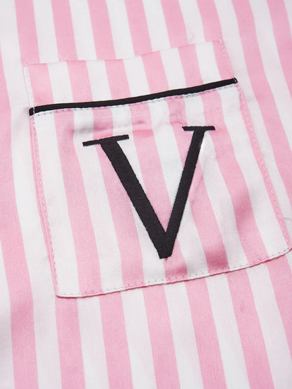 Classic Satin Pajama Set - Striped Short Sleeve with Pocket and Lapel Collar - ZOOMNSTORE