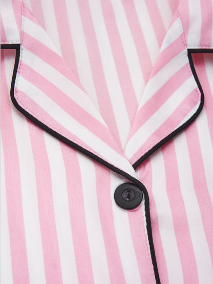 Classic Satin Pajama Set - Striped Short Sleeve with Pocket and Lapel Collar - ZOOMNSTORE