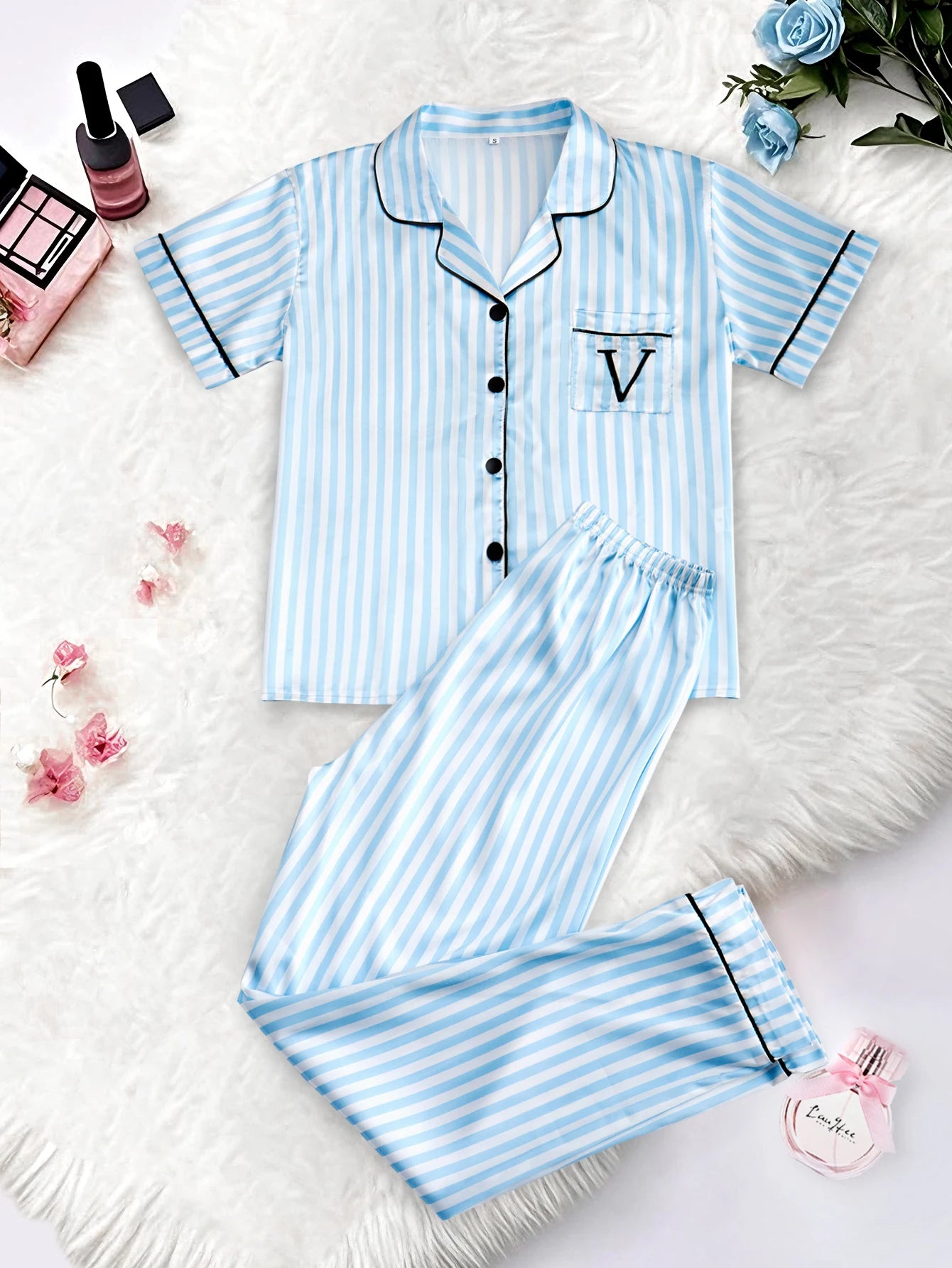 Classic Satin Pajama Set - Striped Short Sleeve with Pocket and Lapel Collar - ZOOMNSTORE