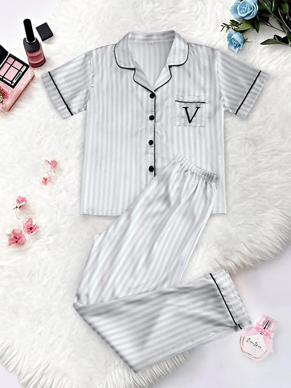 Classic Satin Pajama Set - Striped Short Sleeve with Pocket and Lapel Collar - ZOOMNSTORE