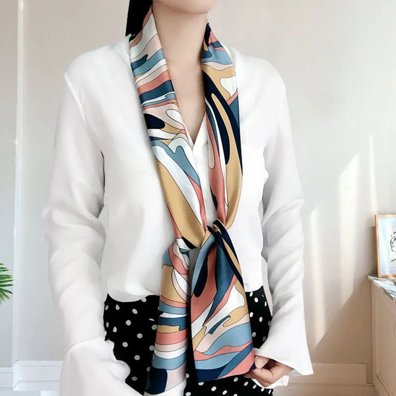 Striped Satin Silk Scarf for Women - Double-Sided Luxury Neck Neckerchief - ZOOMNSTORE