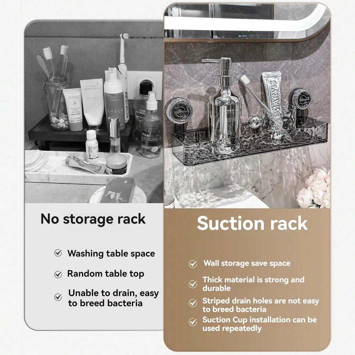 Suction Cup Shower Caddy | Clear Plastic Organizer With Water Drainage & Easy Install Rack - ZOOMNSTORE