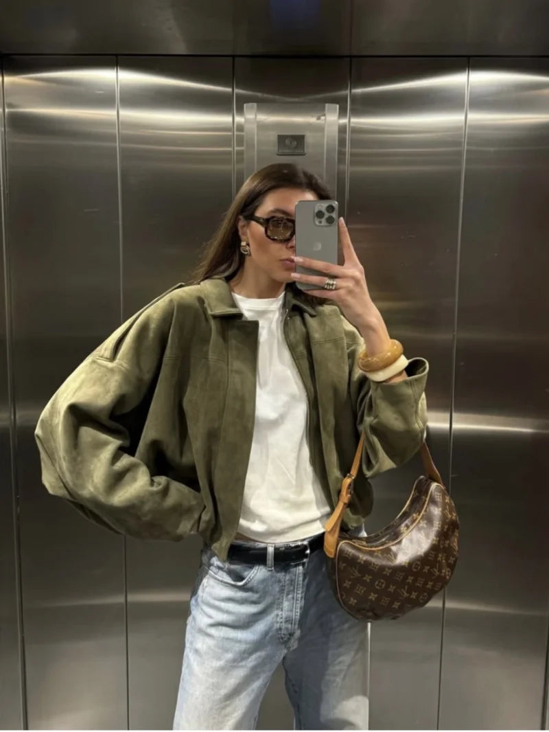 Suede Bomber Jacket - Womens Loose Fashion Spring Outerwear - ZOOMNSTORE