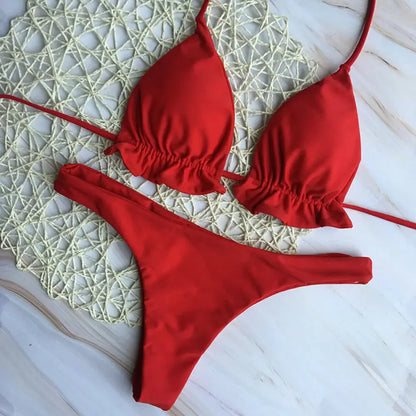 Summer Brazilian Bikini Set - Sexy Push-Up Swimsuit with Lace-Up Thong Bottom - ZOOMNSTORE