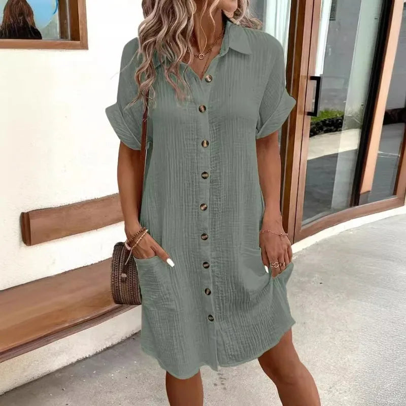 Womens Minimalist V-Neck Button-Up Dress - Casual Cotton Linen Shirt Dress with Pockets - ZOOMNSTORE