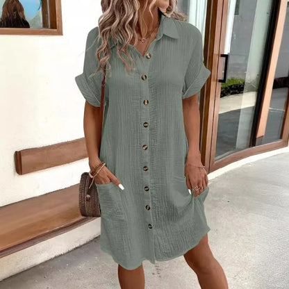 Womens Minimalist V-Neck Button-Up Dress - Casual Cotton Linen Shirt Dress with Pockets - ZOOMNSTORE