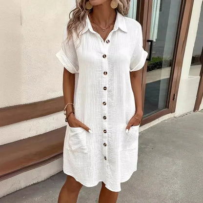 Womens Minimalist V-Neck Button-Up Dress - Casual Cotton Linen Shirt Dress with Pockets - ZOOMNSTORE