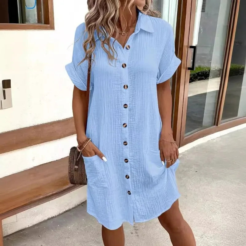 Womens Minimalist V-Neck Button-Up Dress - Casual Cotton Linen Shirt Dress with Pockets - ZOOMNSTORE