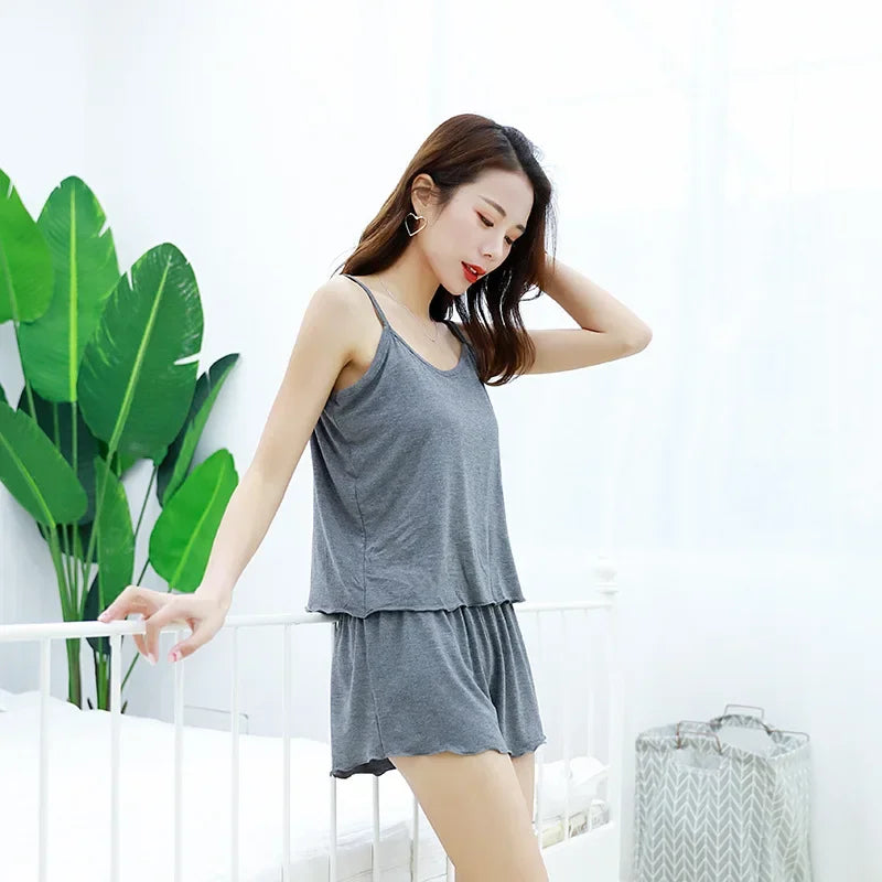Summer Modal Camisole  Shorts Set - Sexy Loose Pajamas Multicolor Plus Size Womens Sleepwear - ZOOMNSTORE