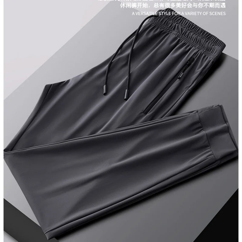 Mens Ice Silk Running Pants - Lightweight Sports Jogging Bottoms with Zip Pockets - ZOOMNSTORE