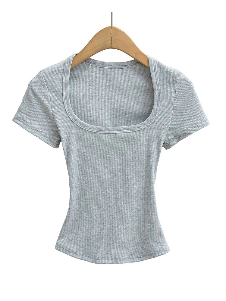 Summer Square Neck Crop Top - Womens High Elasticity Short Sleeve Pullover - ZOOMNSTORE