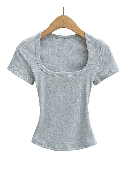 Summer Square Neck Crop Top - Womens High Elasticity Short Sleeve Pullover - ZOOMNSTORE