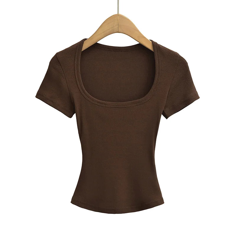 Summer Square Neck Crop Top - Womens High Elasticity Short Sleeve Pullover - ZOOMNSTORE