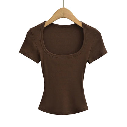 Summer Square Neck Crop Top - Womens High Elasticity Short Sleeve Pullover - ZOOMNSTORE