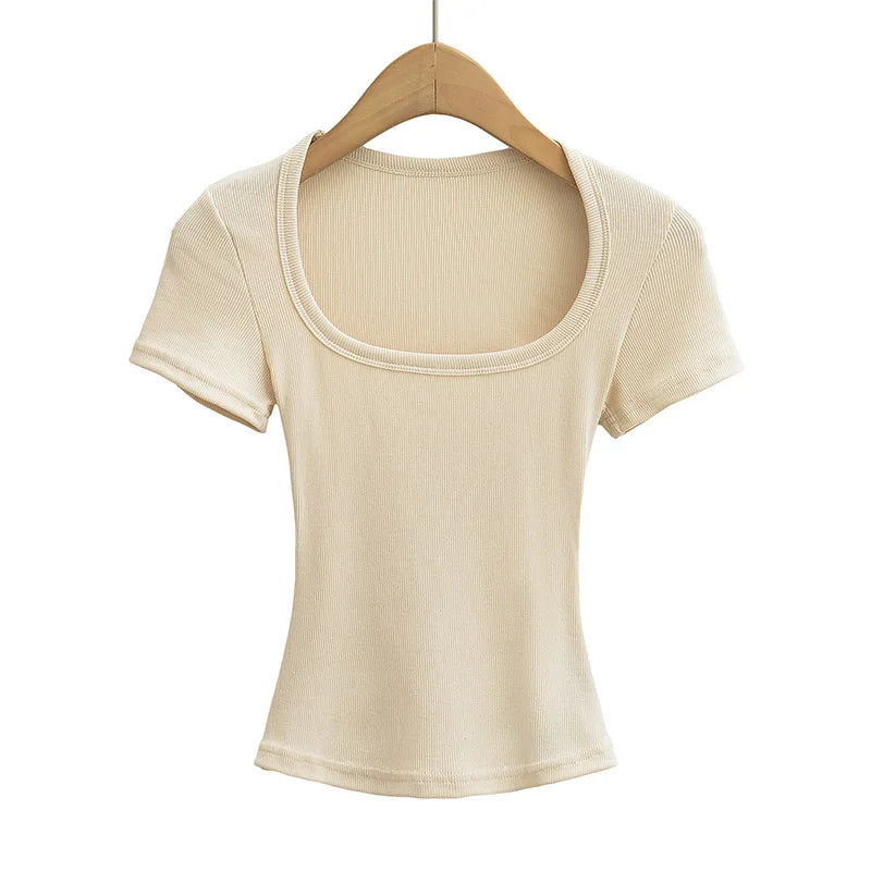 Summer Square Neck Crop Top - Womens High Elasticity Short Sleeve Pullover - ZOOMNSTORE