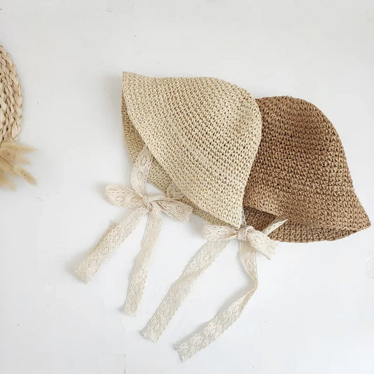 Fashion Lace Baby Hat Summer Straw Bow Baby Girl Cap Beach Children Panama Hat Princess Baby Hats and Caps for Kids 1PC - ZOOMNSTORE