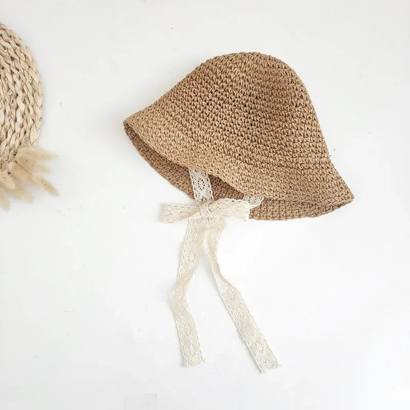 Fashion Lace Baby Hat Summer Straw Bow Baby Girl Cap Beach Children Panama Hat Princess Baby Hats and Caps for Kids 1PC - ZOOMNSTORE