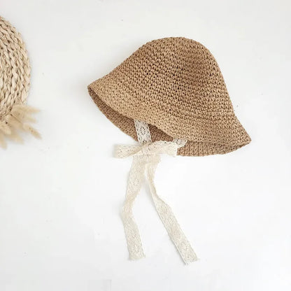 Fashion Lace Baby Hat Summer Straw Bow Baby Girl Cap Beach Children Panama Hat Princess Baby Hats and Caps for Kids 1PC - ZOOMNSTORE