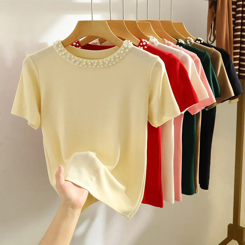 Summer Womens Ice Silk Knit T-Shirt - Short Sleeve Round Neck Pullover Tee - ZOOMNSTORE