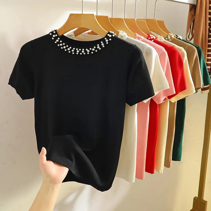 Summer Womens Ice Silk Knit T-Shirt - Short Sleeve Round Neck Pullover Tee - ZOOMNSTORE