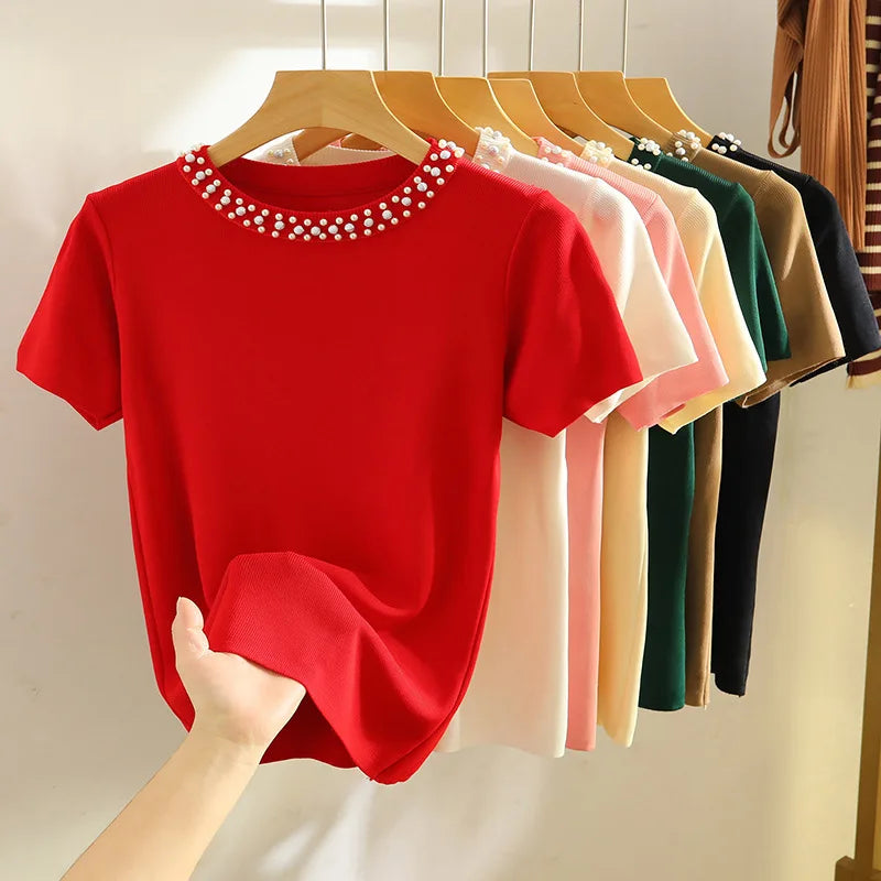 Summer Womens Ice Silk Knit T-Shirt - Short Sleeve Round Neck Pullover Tee - ZOOMNSTORE
