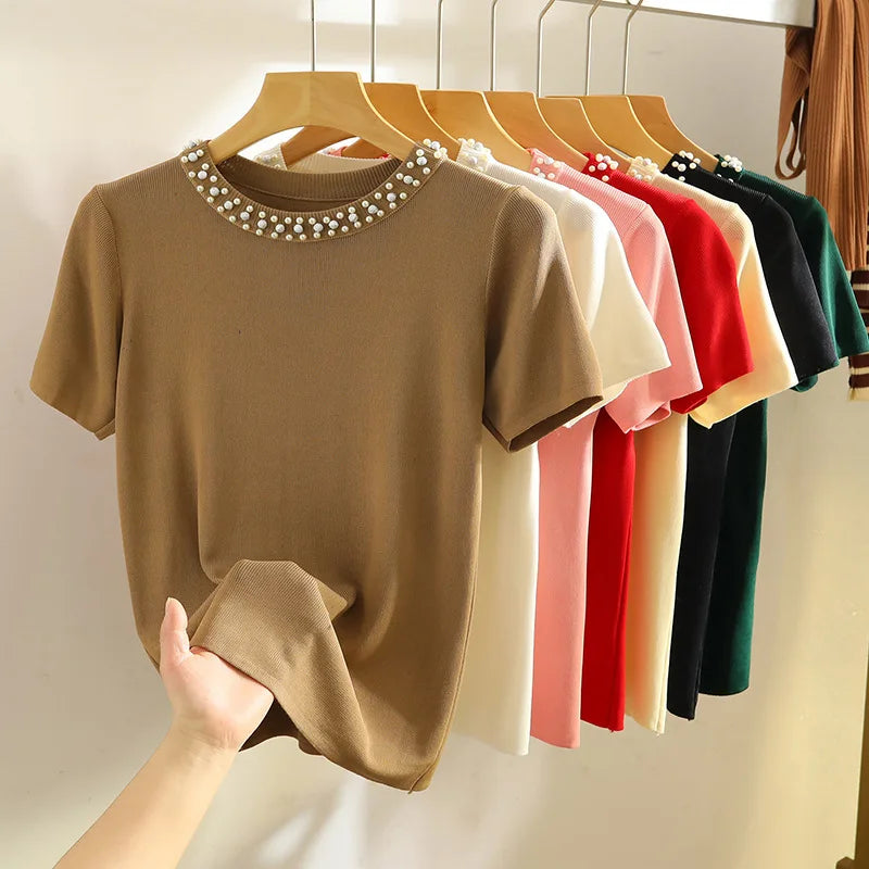 Summer Womens Ice Silk Knit T-Shirt - Short Sleeve Round Neck Pullover Tee - ZOOMNSTORE