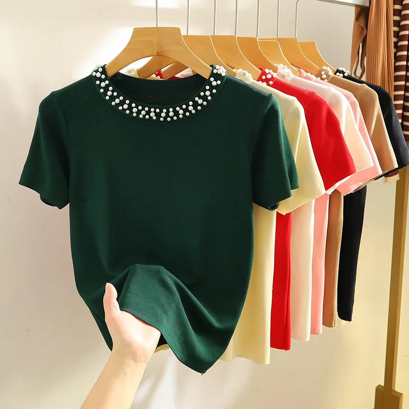 Summer Womens Ice Silk Knit T-Shirt - Short Sleeve Round Neck Pullover Tee - ZOOMNSTORE