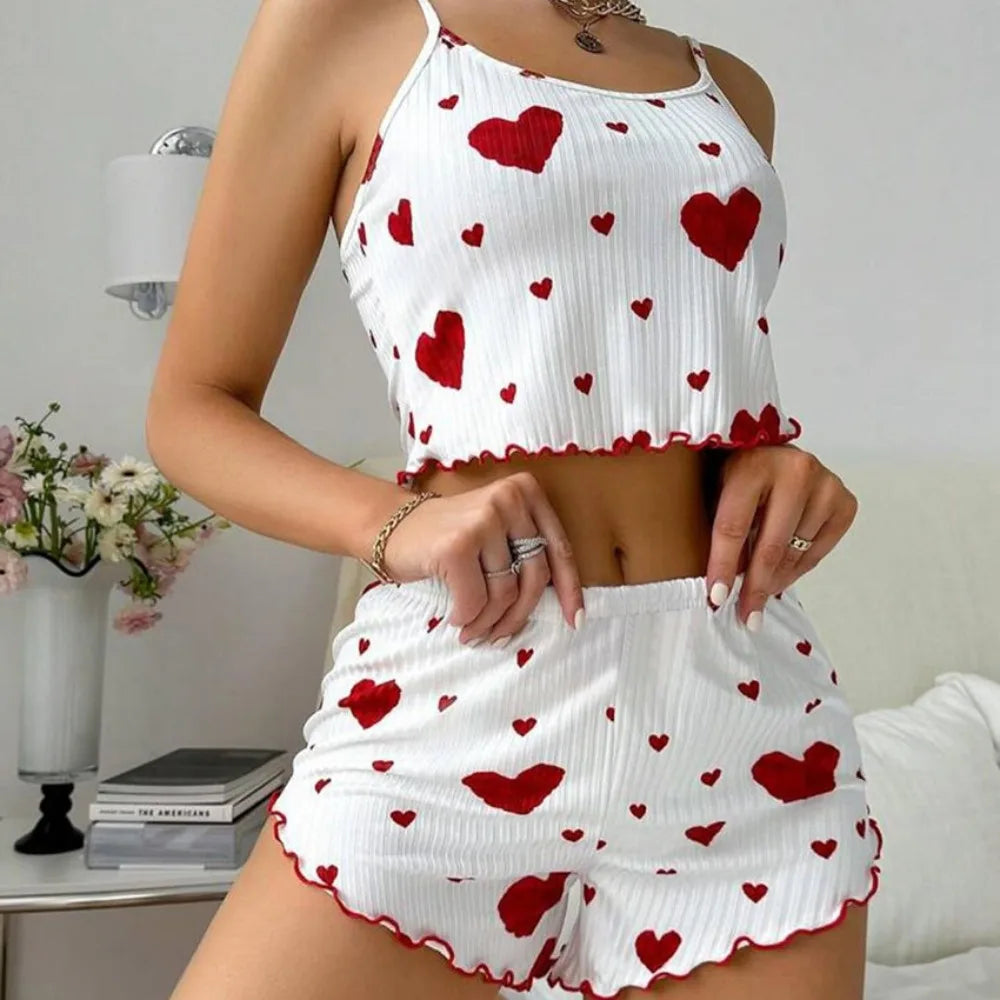 Summer Womens Pajama Set - Solid Color Polyester Sling Top  Shorts - ZOOMNSTORE