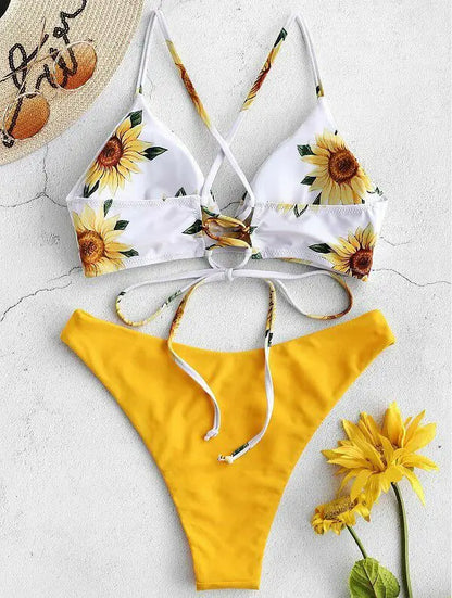 Sunflower Bikini Set - Push Up Padded Swimwear | Low Waist Bandage Bathing Suit - ZOOMNSTORE