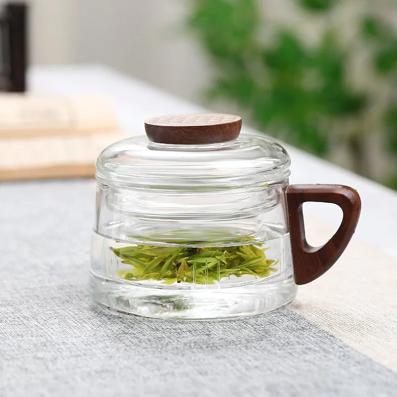Heat Resistant Glass Tea Infuser Cup - 200ml Teacup with Wood Handle and Filter for Kung Fu Tea Set - ZOOMNSTORE