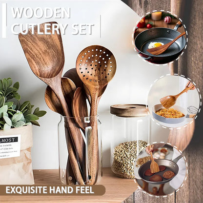 Teak Wooden Utensil Set | 5-Piece Natural Cooking Spoons & Eco-Friendly Kitchen Tools - ZOOMNSTORE