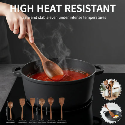 Teak Wooden Utensil Set | 5-Piece Natural Cooking Spoons & Eco-Friendly Kitchen Tools - ZOOMNSTORE