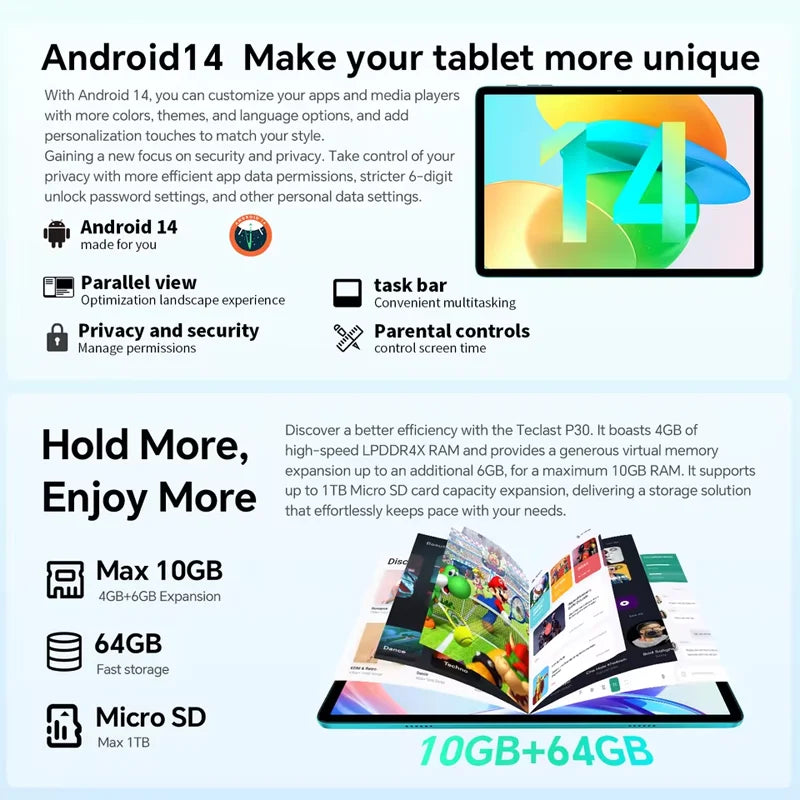 Teclast P30 Tablet - 101 Android 14 Octa-Core 10GB RAM 64GB ROM WiFi 6 TÜV Rheinland Certified - ZOOMNSTORE