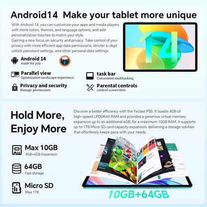 Teclast P30 Tablet - 101 Android 14 Octa-Core 10GB RAM 64GB ROM WiFi 6 TÜV Rheinland Certified - ZOOMNSTORE