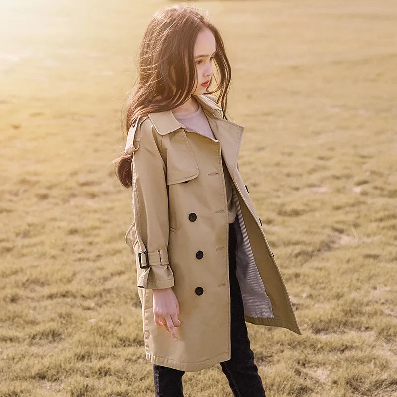 Teen Girls Long Trench Coat - Fashionable England Style Windbreaker Jacket for Spring Autumn - ZOOMNSTORE
