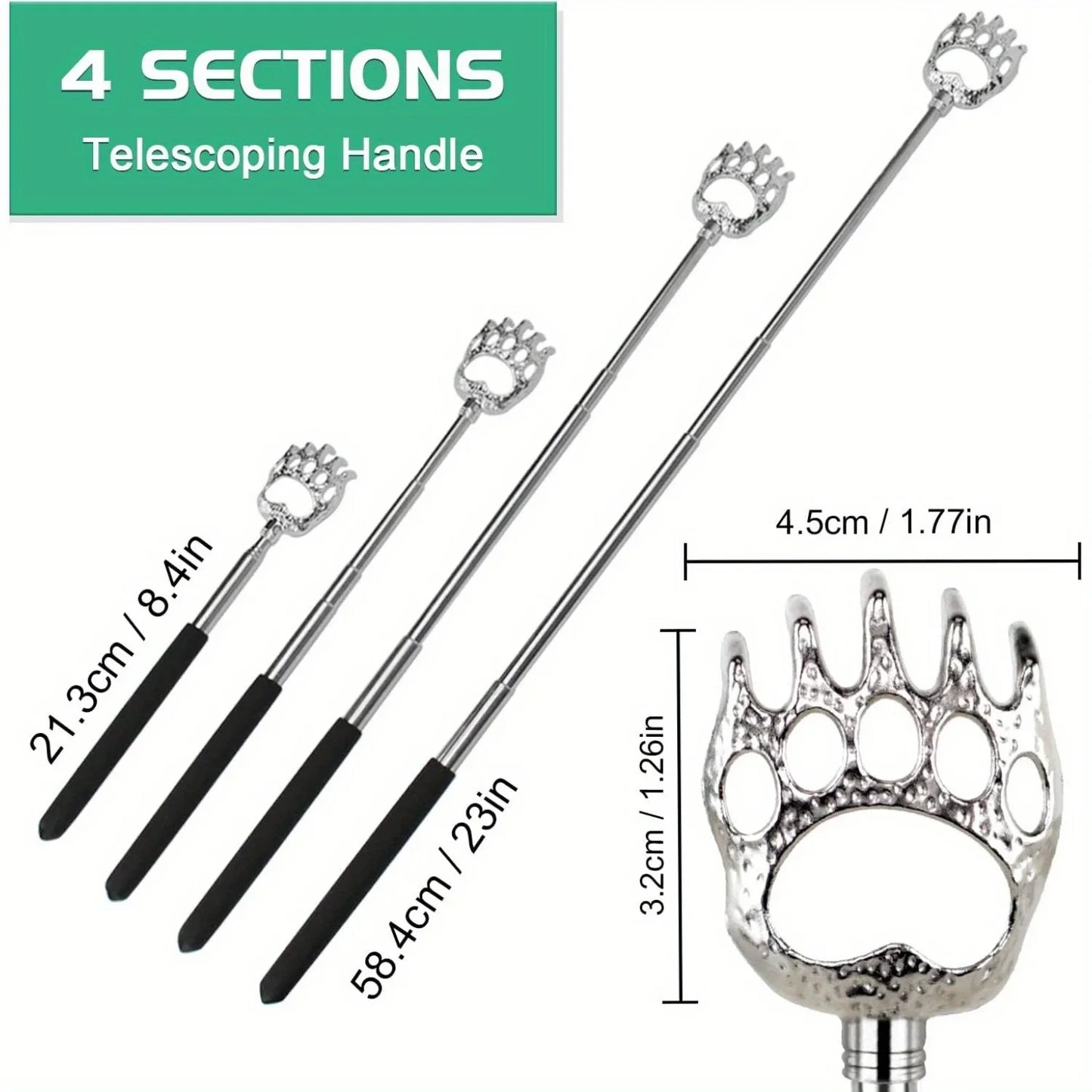 Telescopic Back Scratcher – Extendable Stainless Steel Bear Claw Massager with Rubber Handle - ZOOMNSTORE