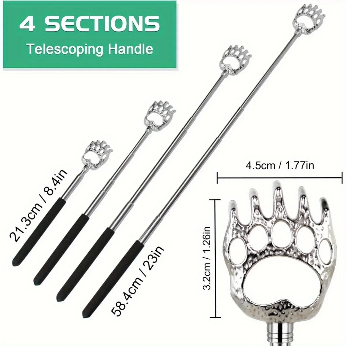 Telescopic Back Scratcher – Extendable Stainless Steel Bear Claw Massager with Rubber Handle - ZOOMNSTORE